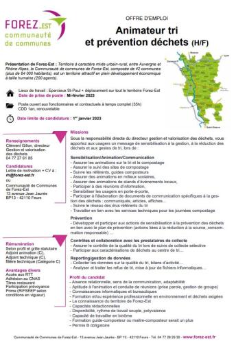 Ci-joint l'offre d'emploi proposée par la CC Forez-Est (42)